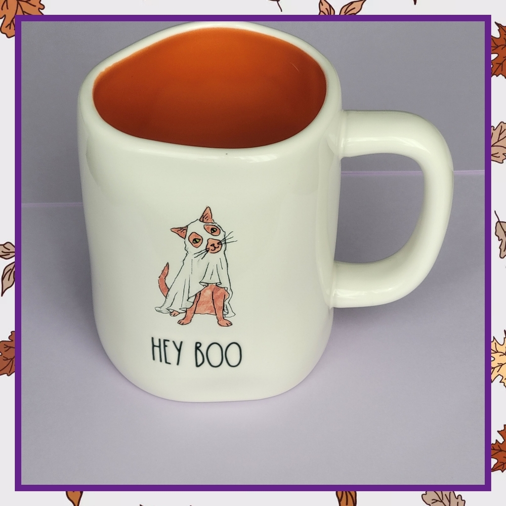 Rae Dunn Hey Boo White Mug with Cat Dressed as Ghost